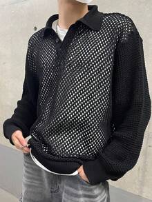 Claim Dot 男士純色 Polo 領長袖鏤空針織衫，適合假期節慶、秋季街頭風、冬季穿著 - 黑色 - 查看 2