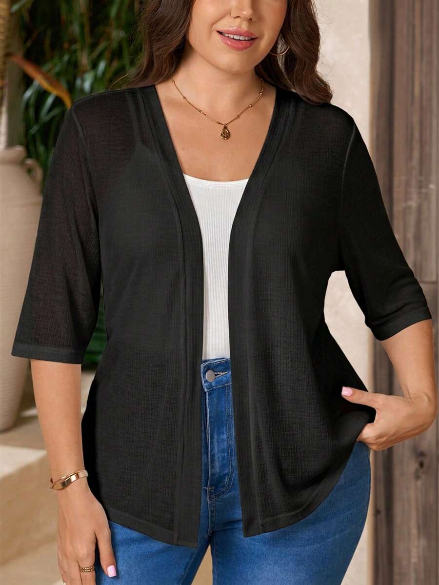 Comfylo Chaqueta casual versátil de talla grande de unicolor - Negro - Ver 1