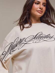 MUSERA Plus Size Cream Graphic Long Sleeve Top Winter Fall Autumn Casual Top Day Outfit Comfy Outfit Cool - White - View 5
