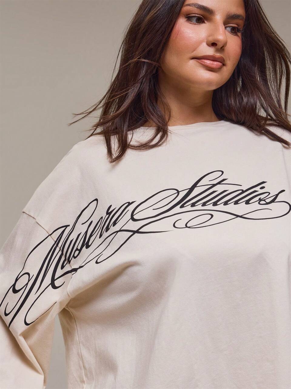Plus Size Cream Graphic Long Sleeve Top Winter Fall Autumn Casual Top Day Outfit Comfy Outfit Cool