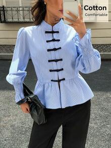 Siren Gaze Kemeja Katun Murni Bergaris untuk Wanita dengan Kerah Mandarin, Kancing Kodok, dan Potongan Pinggang Pas-Sempurna untuk Musim Gugur - Biru - View 4