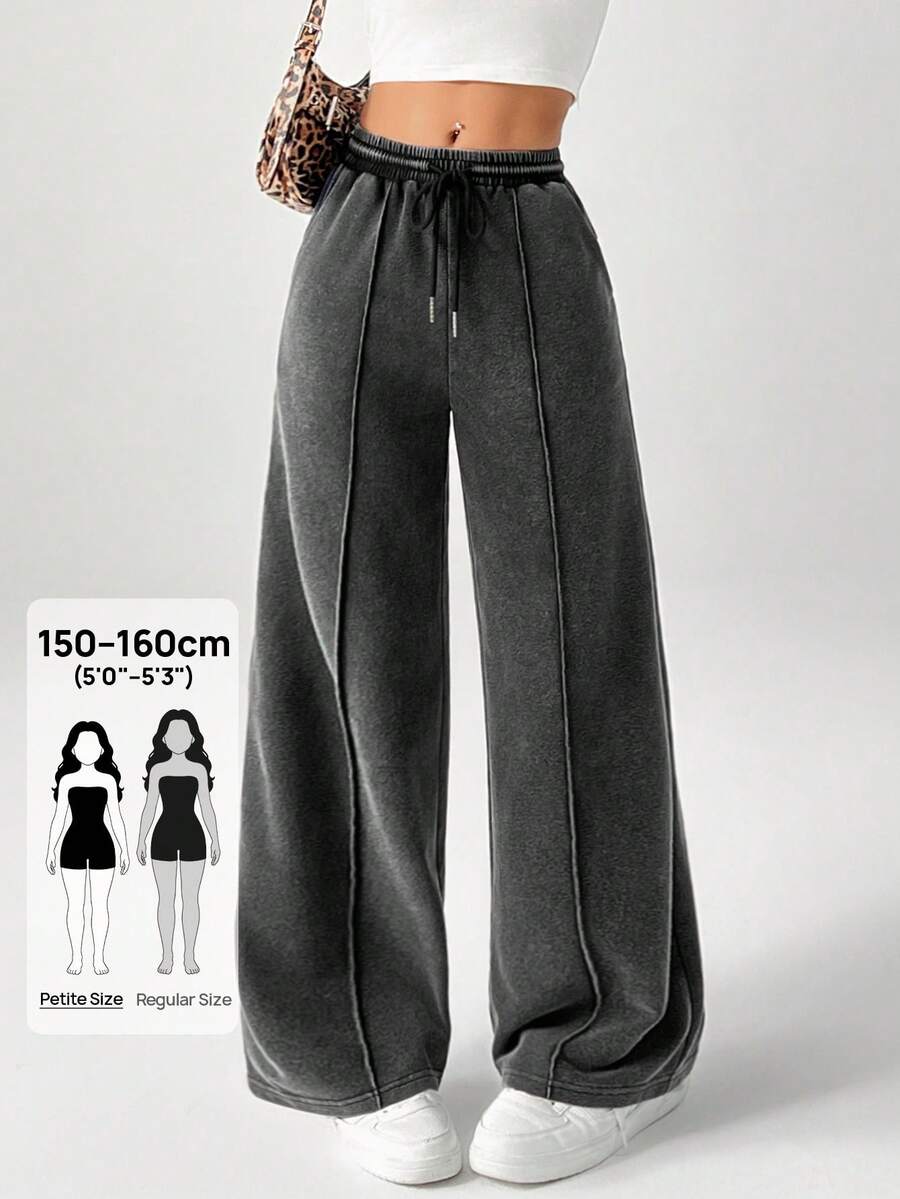 SHEIN PETITE 女款雪洗抽繩寬腿運動長褲