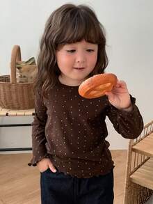 DAZY Infant (Girl) Polka Dot Korean Style Long Sleeve Ruffle Trim Top Toddler Fall - Coffee Brown - View 3
