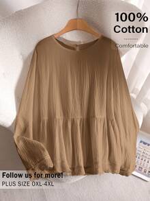 CosyJoli 大尺碼女款蕾絲上衣，駱駝色上衣，秋季休閒鄉村風傳統女式襯衫，正式度假生日穿搭 - 棕色 - 查看 1