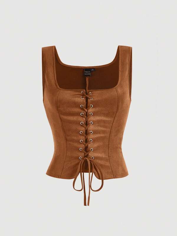 SHEIN MOD Lace Up Front Brown Center Front Lace-Up Eyelets Tank Top Without Blouse