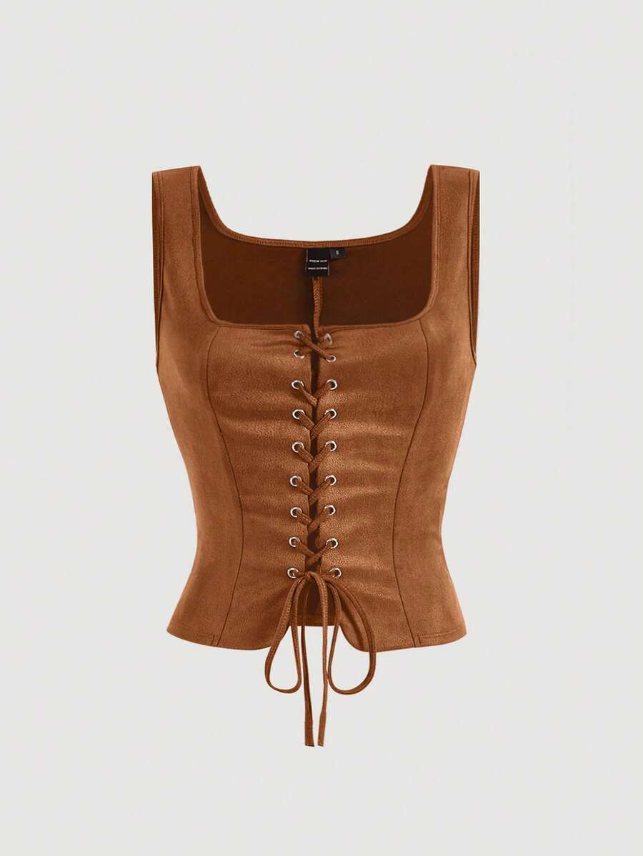 SHEIN MOD Atasan Tank Top Cokelat dengan Tali Pengikat di Bagian Depan dan Lubang Tali di Tengah Depan, Tanpa Blus - Coklat - View 1