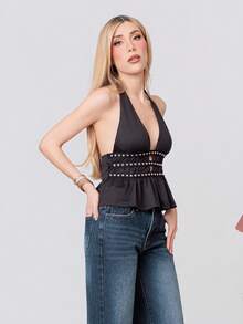 PRISCILA ESCOTO PRISCILA ESCOTO Nuevo top halter de verano con diseño de cintura con remaches para mujeres - Negro - Ver 5