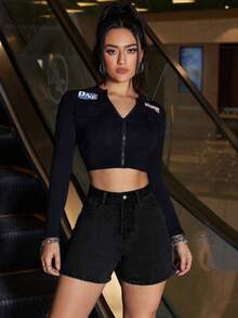 SHEIN ICON 大码女式春夏水洗牛仔短裤 - 黑色 - 查看 5