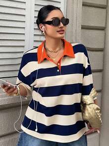 Livesso 女款大尺碼拼色拼接條紋寬鬆 Polo 領中袖休閒夏季 T 恤 - 藍白色 - 查看 2