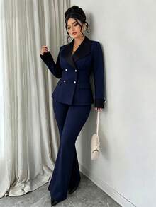 Elenzga 大码女装时尚通勤套装，翻领，撞色拼接，装饰纽扣设计，喇叭裤针织两件套 - 藏蓝色 - 查看 5