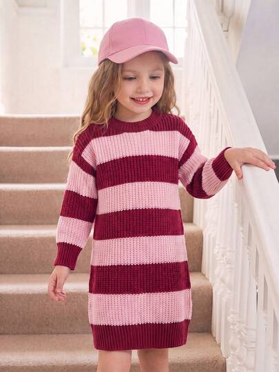 SHEIN Girls' Color Block Striped Casual Elegant Minimalist Sweater Dress, Round Neck Pink Long Sleeve Pullover Knit Dress, Preppy Style Warm And Comfortable For Daily Wear, Autumn/Winter