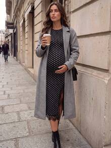MaterniWear Elegant Maternity Commuter Polka Dot Print Lace Patchwork Dress Fall - Black - View 5