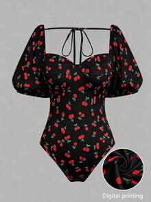 Sweetra Body de talla grande con estampado de cerezas, cuello corazón, espalda descubierta, hombros con lazo y acanalado - Multicolor - Ver 1