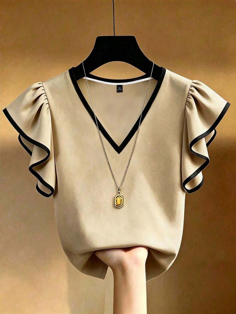 EMERY ROSE 大尺碼法式優雅 V 領黑白對比荷葉邊短袖 T-shirt,修身版型 - 彩色 - 查看 1