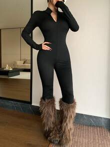 DAZY Women's Autumn Korean Style Small Stand Collar Zipper Long Sleeve Black Slim Fit Body-Hugging Casual Street Sports Jumpsuit - Black - View 2