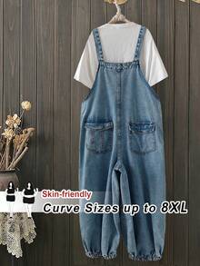 SHEIN CURVE+ CURVE+ 大码女式浅蓝色牛仔工装背带裤，休闲夏季及日常穿搭 - 中等水洗藍 - 查看 2