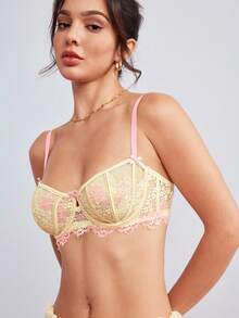 Elorette 甜美可愛雙色蕾絲無鋼圈內衣 - 黃色 - 查看 5