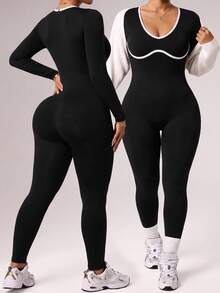 SHEIN Velisys Women's Colorblock Casual Daily Travel Sports Jumpsuit Fall - Black - View 1