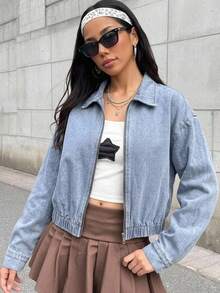 SHEIN Teen Girl Y2k Casual Blue Denim Button-Down Long-Sleeved Short Jacket Halloween And Black To School - Blue - View 1