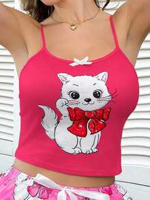 SHEIN 可爱猫咪蝴蝶结 INS 吊带上衣，女士睡衣 - 紅色 - 查看 3