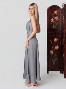 PRISCILA ESCOTO PRISCILA ESCOTO Women's Casual Grey Plain Woven Sleeveless Round Neck Maxi Dress With Flared Hem And Plicated Details Long Tank Dress - Grey - View 5