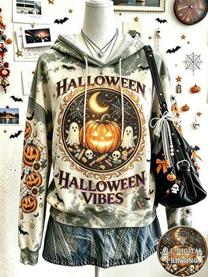 Lalippa Hoodie Sweatshirt Wanita Motif Tie Dye Hijau dengan Nuansa Halloween, , Hantu, Bulan, Gaya Liburan Gothic Vintage Musim Gugur, Cocok untuk Pesta Halloween Sehari-hari