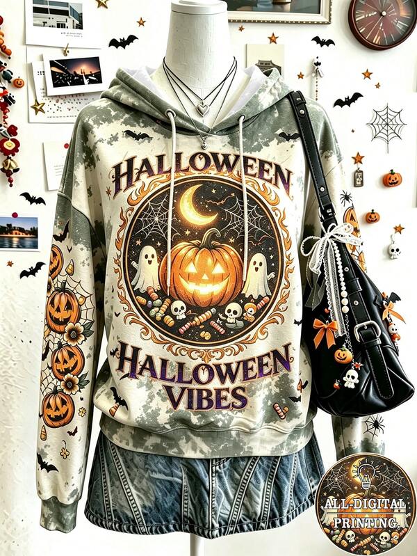 Lalippa Women Green Tie Dye Halloween Vibes Pumpkin Ghost Moon Full Print Hoodie Sweatshirt, Autumn Vintage Gothic Holiday Style, Halloween Party Daily