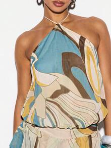 KIZN Halter Neck Abstract Print Mini Dress With Ruffled Hem For Summer Party - Brown - View 3