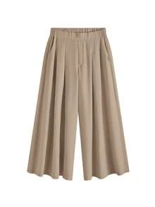 Shapeblank Plus Size Fashion Button Pocket Pleated Loose Wide Leg Pants Fall - Camel - View 7