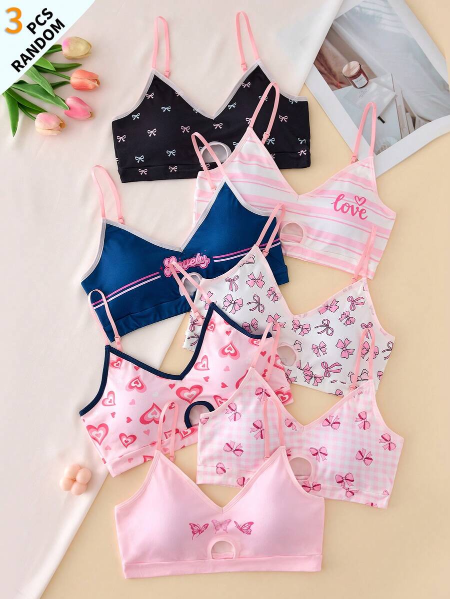 3pcs/Pack Tween Girl Printed Hollow Design Comfortable Bras - Multicolor - View 1