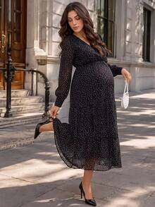 MaterniWear Maternity Polka Dot Print Lantern Sleeve Dress Fall - Black - View 7