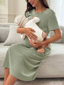 Slowluna Maternity Solid Color Nursing Function Casual Daily Wear Dress - Green - View 9