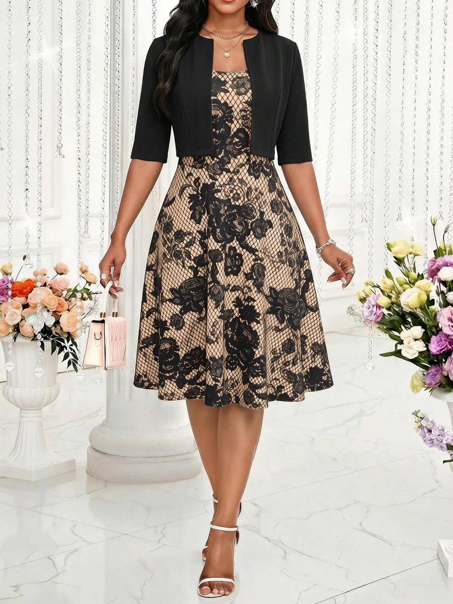 SHEIN Lady Women's Solid Color Short Sleeve Open Front Jacket And Floral Print Dress Elegant 2 Pieces Set - Multicolor - View 1