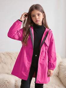 SHEIN 小女孩青少年女孩休閒字母裝飾寬鬆文字印花連帽口袋中長版派克大衣 J 開學季秋冬款 - 玫紅色 - 查看 7