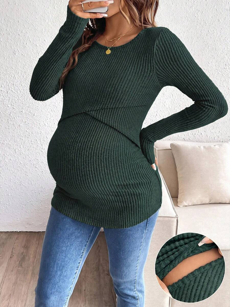 SHEIN Maternity Solid Color Round Neck Ribbed Nursing Long Sleeve T-Shirt - Army Green - View 1