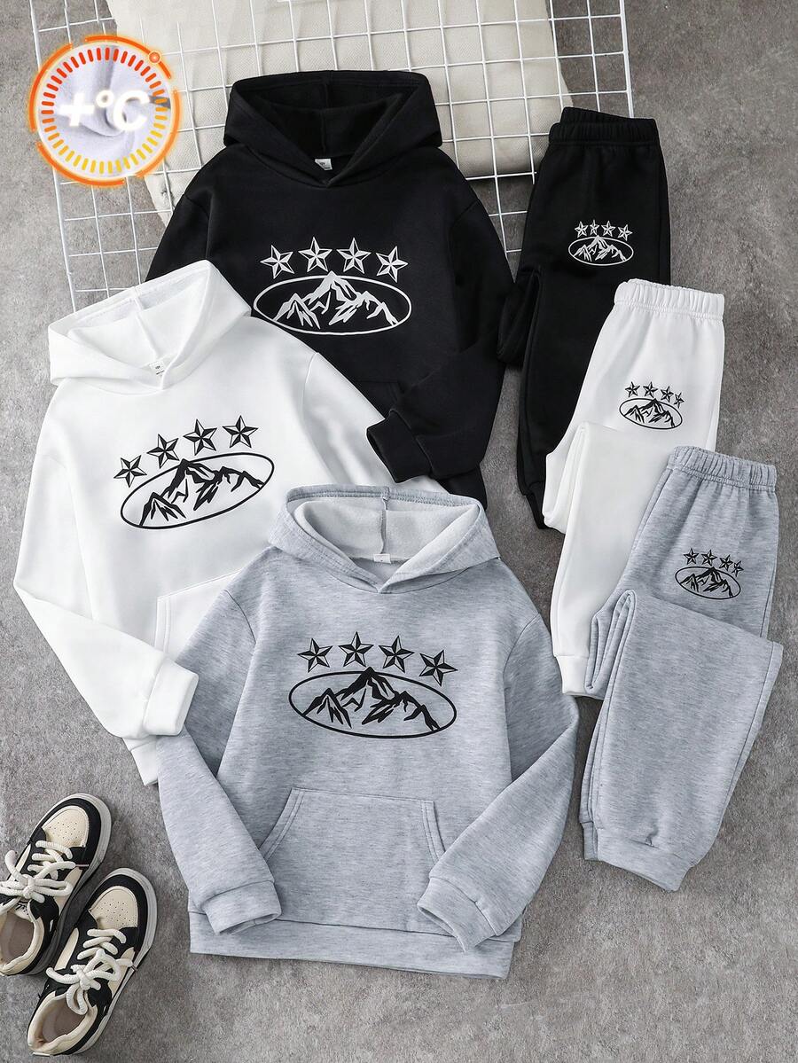 SHEIN 3套買3送3兒童青少年男孩休閒百搭星星圖案連帽衫與運動長褲套裝，黑色連帽衫、白色連帽衫、麻灰色連帽衫，百搭下裝，適合秋冬、學校、家庭聚會、度假、派對，秋季穿搭冬季穿搭