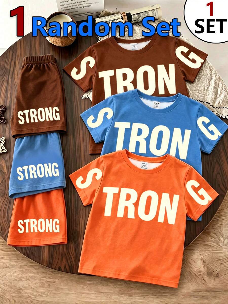 SHEIN 隨機3套贈1套,男嬰夏季帥氣青春運動風夏季出遊首選,簡單字母印花圖案橘色T恤配短褲、簡單字母印花圖案藍色T恤配短褲、簡單字母印花圖案棕色T恤配短褲,經典簡約風格,時尚百搭,適合春秋夏季運動與出遊 - 彩色 - 查看 1