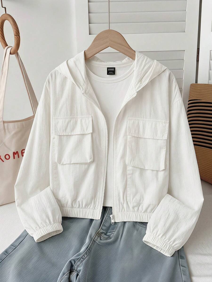 SHEIN 青少年女孩休閒百搭純色連帽外套 - 白色 - 查看 1