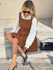 Serisse Women's Fashion Casual Solid Color Shirt & Bib Skirt 2 Pieces Set - Brown - View 5