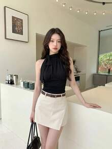 SHEIN MOD 立领蝴蝶结抽绳褶皱米色上衣 - 黑色 - 查看 4