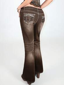 Grunge Punk ROMWE X Isabelle Nguyen Women's Leopard Embroidered Pocket Flare Leg Skinny Jeans - Brown - View 1