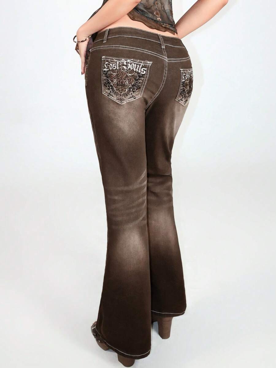Grunge Punk ROMWE X Isabelle Nguyen Women's Leopard Embroidered Pocket Flare Leg Skinny Jeans - Brown - View 1