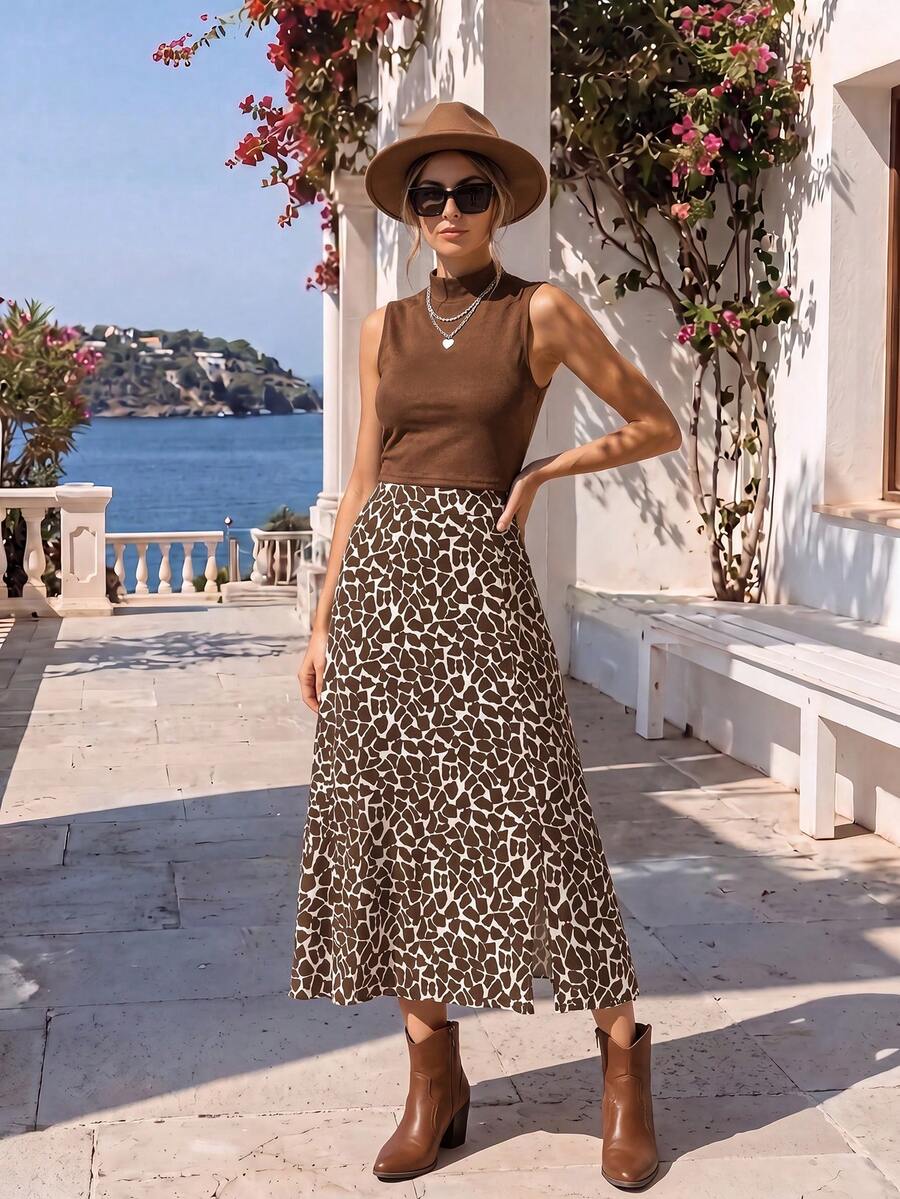SHEIN Franclia 素色小高領背心上衣和滿版印花半身裙 - 彩色 - 查看 1