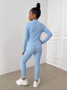 SHEIN Tween女孩純色紋理休閒長袖運動服，兒童秋冬套裝 - 淺藍色 - 查看 2