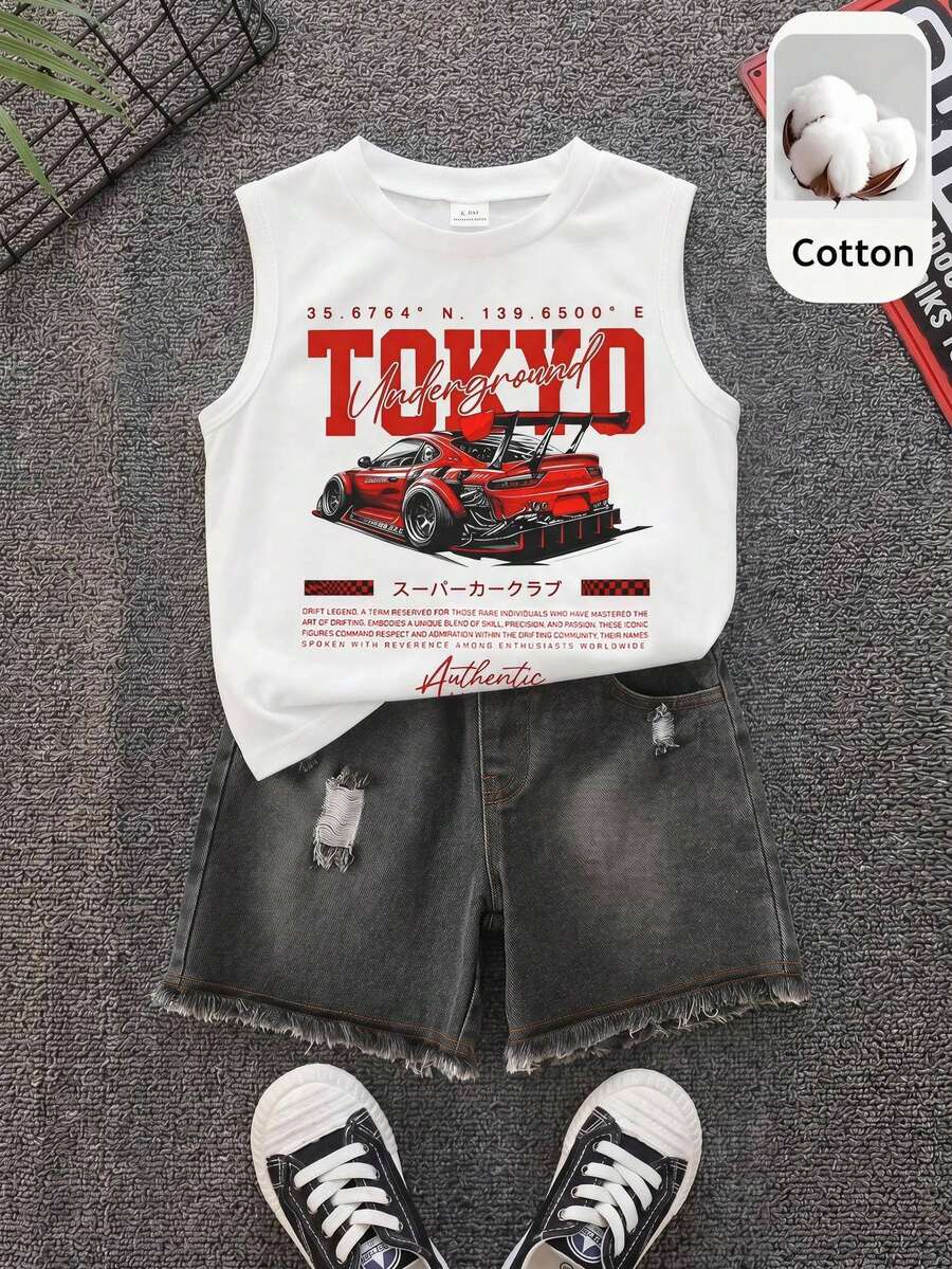 SHEIN 2件組男孩夏季秋季休閒街頭風賽車圖案白色背心與黑色牛仔短褲,牛仔套裝,賽車套裝,男孩套裝,背心套裝,街頭風套裝 - 彩色 - 查看 1