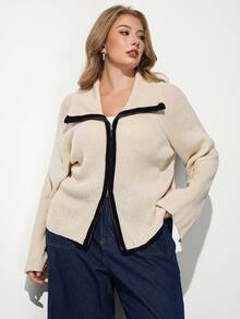 Maija Plus Size Women's Colorblock Zipper Casual Daily Knit Top - Apricot - View 3