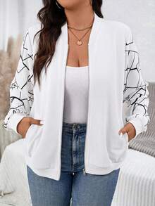 SHEIN Essnce Plus Size Autumn Casual Printed Patchwork Jacket Fall - White - View 2