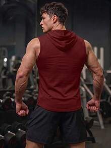 GymBeat Men's Graphic Print Hooded Neck Pocket Fashion Sports Tank Top, Gym Summer - Burgundy - View 2