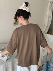 Dazy Plus Solid Color Loose Casual Front Short Back Long Hem Split Design Pullover 3/4 Sleeve T-Shirt For Spring Summer Autumn - Brown - View 7