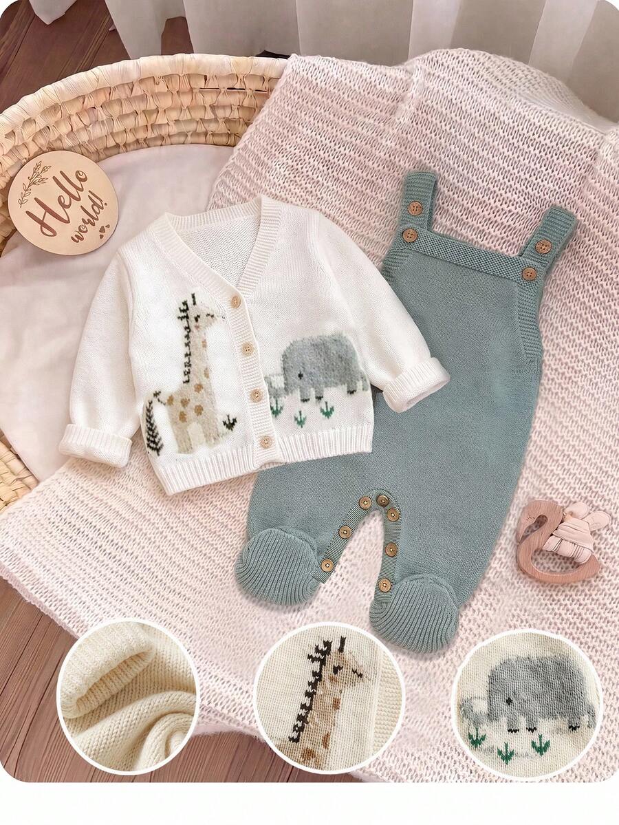 SHEIN Newborn Baby Girl ,Deer Pattern Knitted Cardigan, Overalls, Sweater Jumpsuit Set, Autumn/Winter Neutral - White - View 1